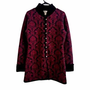 Neve‎ 100% Wool Long Duster Cardigan Size M Burgundy And Black Velvet Trim EUC